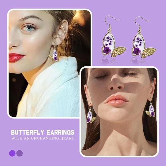 Women's Resin Dry Flowers Pressed Drop Dangle Butterfly Purple Gold Earrings - Picture 4 of 5